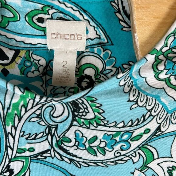 Chico's Size 2 (Large) 3/4 Sleeve Turquoise Blue Paisley - Picture 3 of 3